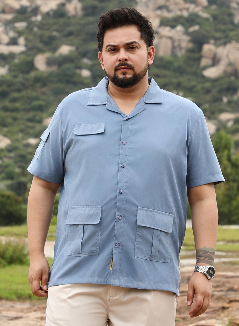Instafab Plus Men Utility Resort Oversized Shirt | Cuban Collar , Short Regular Sleeves | Button Closure , Straight Hem | Solid Plain | Woven Fabric For Casual & Daily Wear | Powder Blue - Image 2