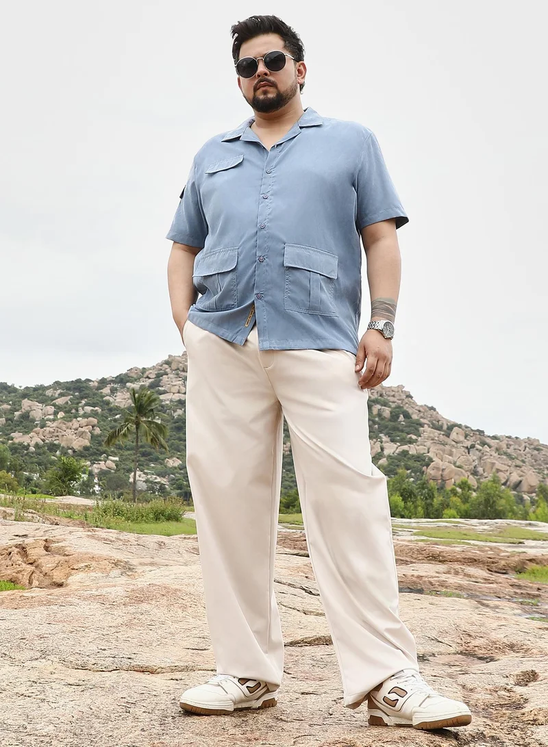 Instafab Plus  Instafab Plus Men Utility Resort Oversized Shirt | Cuban Collar , Short Regular Sleeves | Button Closure , Straight Hem | Solid Plain | Woven Fabric For Casual & Daily Wear | Powder Blue for Men | Best Price UAE