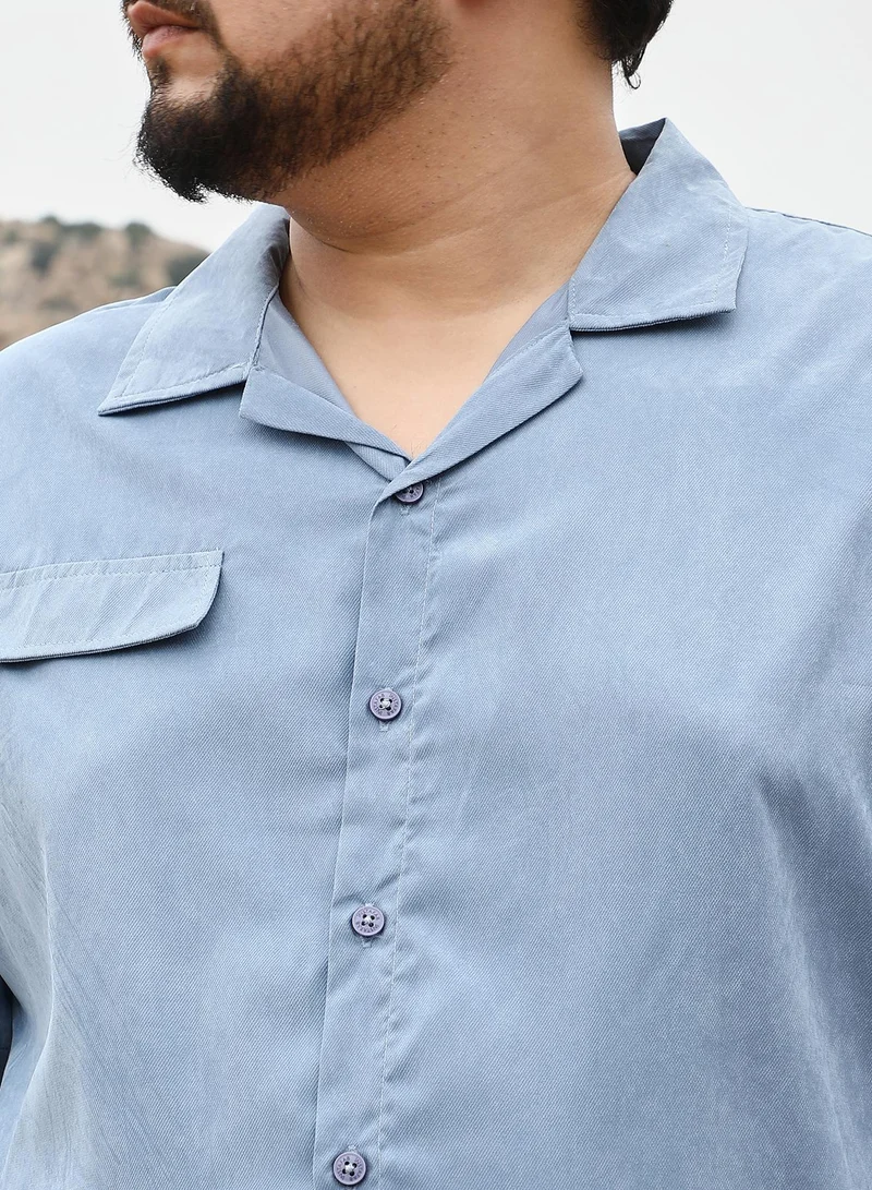 Instafab Plus  Instafab Plus Men Utility Resort Oversized Shirt | Cuban Collar , Short Regular Sleeves | Button Closure , Straight Hem | Solid Plain | Woven Fabric For Casual & Daily Wear | Powder Blue for Men | Best Price UAE