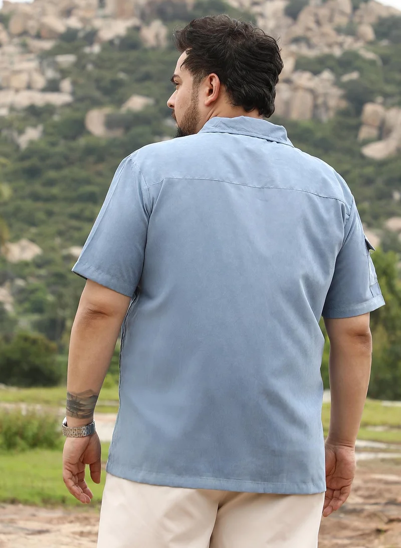Instafab Plus  Instafab Plus Men Utility Resort Oversized Shirt | Cuban Collar , Short Regular Sleeves | Button Closure , Straight Hem | Solid Plain | Woven Fabric For Casual & Daily Wear | Powder Blue for Men | Best Price UAE