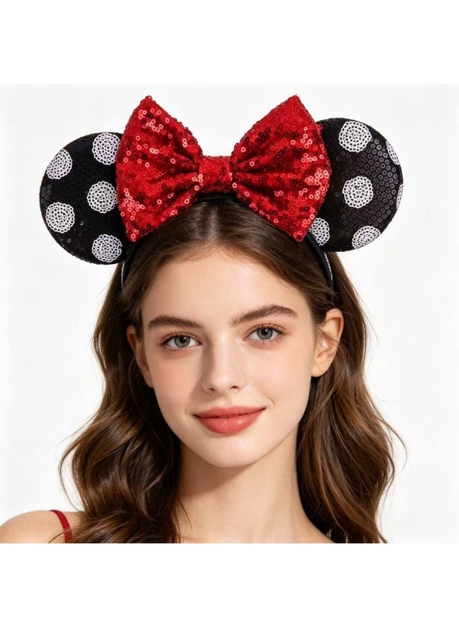 Mickey Mouse Ears Headband Sparkly Bow Mouse Ears Glitter Party Princess Decoration Cosplay Costume Girls Women (White Polka Dot Red) - Image 5