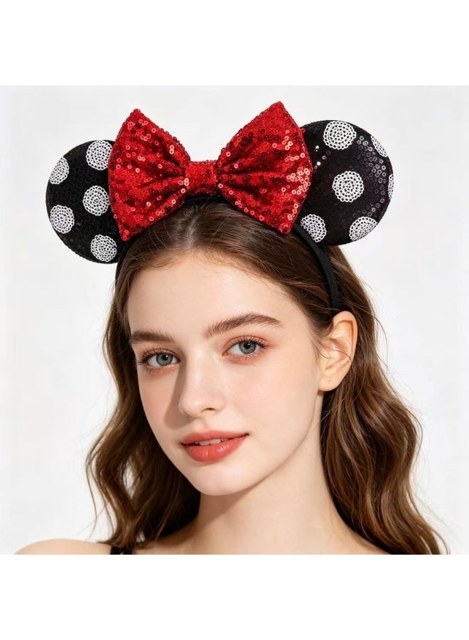 Mickey Mouse Ears Headband Sparkly Bow Mouse Ears Glitter Party Princess Decoration Cosplay Costume Girls Women (White Polka Dot Red) - Image 4
