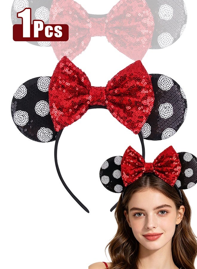 Mickey Mouse Ears Headband Sparkly Bow Mouse Ears Glitter Party Princess Decoration Cosplay Costume Girls Women (White Polka Dot Red) - Image 1