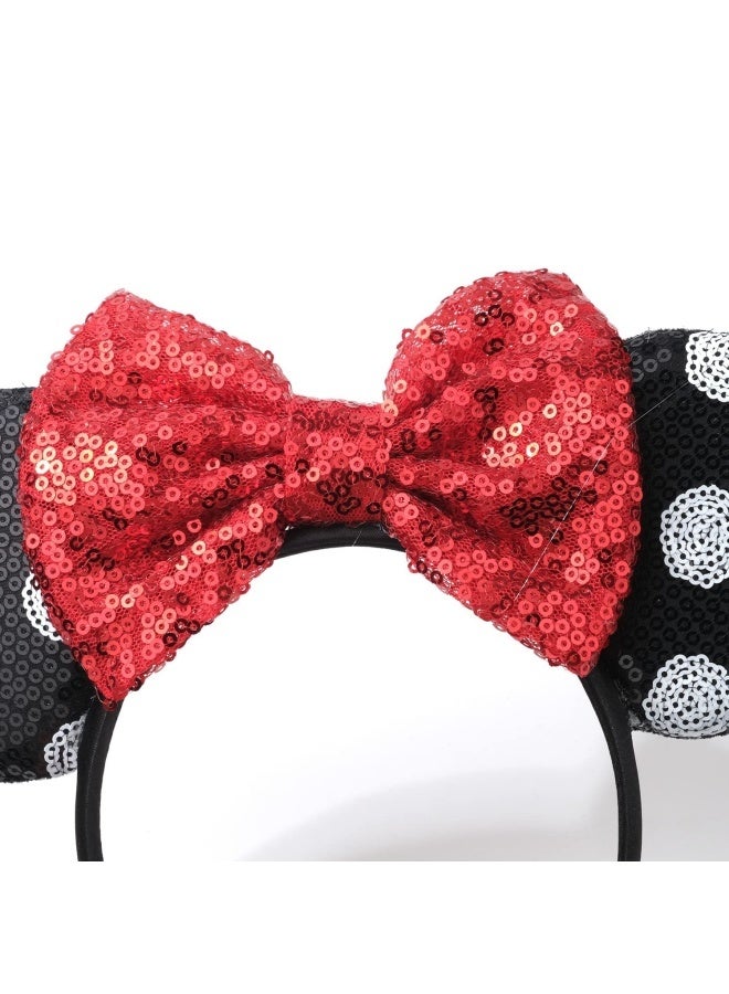 Mickey Mouse Ears Headband Sparkly Bow Mouse Ears Glitter Party Princess Decoration Cosplay Costume Girls Women (White Polka Dot Red) - Image 2