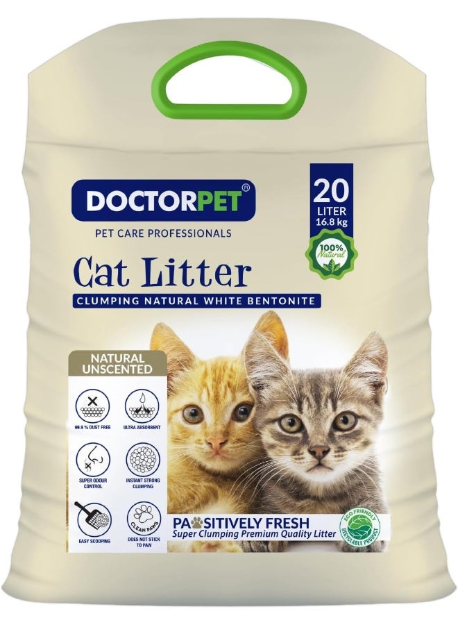 DoctorPet Doctor Pet Cat Litter Unscented 20L – Premium Quality, 100% Natural Clumping Bentonite, Ultra Absorbent, Easy Scooping, Dust-Free, Odor Control, Hypoallergenic & Non-Stick Paw Formula - Image 1