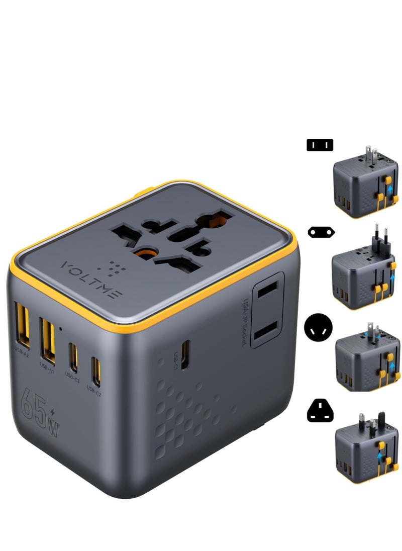 VOLTME 7-in-1 Universal Travel Adapter with 65W GaN Fast Charger, 3 USB-C PD Ports, 2 USB-IQC 4.0 Ports, 2 AC Outputs, Universal Plug Adapter Works in 200+ Countries (US/EU/UK/AU), Built-in Fast Charger for iPhone 16/15/14 Pro Max/Plus, Galaxy S25/24/23 Ultra, MacBook Pro/Air, iPad, Xiaomi, OnePlus - Max Power 2500W  - Image 1
