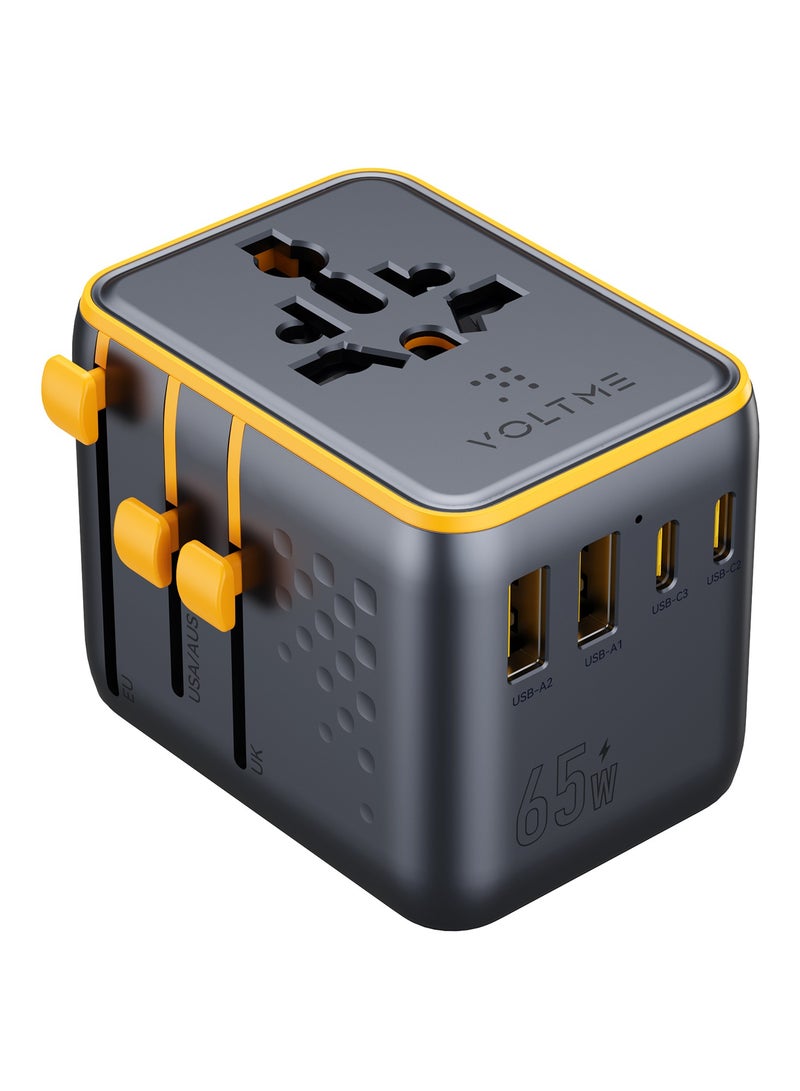 7-in-1 Universal Travel Adapter with 65W GaN Fast Charger, 3 USB-C PD Ports, 2 USB-IQC 4.0 Ports, 2 AC Outputs, Universal Plug Adapter Works in 200+ Countries (US/EU/UK/AU), Built-in Fast Charger for iPhone 16/15/14 Pro Max/Plus, Galaxy S25/24/23 Ultra, MacBook Pro/Air, iPad, Xiaomi, OnePlus - Max Power 2500W