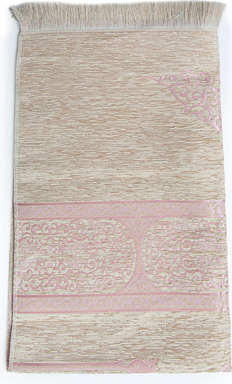 İhvan Online Kaaba Patterned Cream Chenille Prayer Rug - Pink