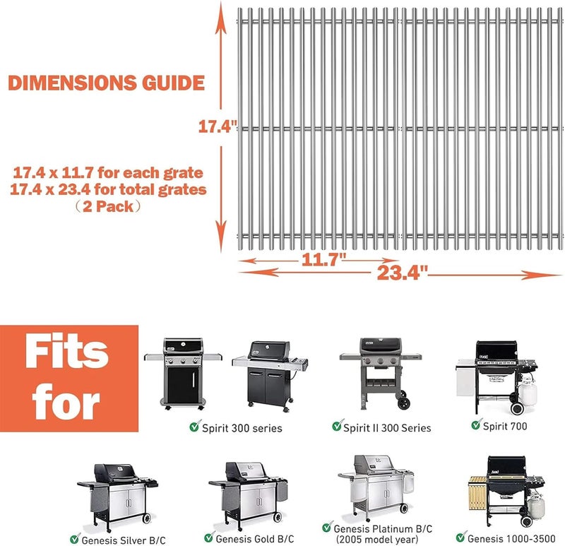 Utheer 7639 304 Stainless Steel Grill Grates for Weber Spirit I & II 300 Series, Spirit 700, 17.5" Cooking Grates for Genesis Silver B/C, Gold B/C, Platinum B/C, 1000-3500 - Image 2