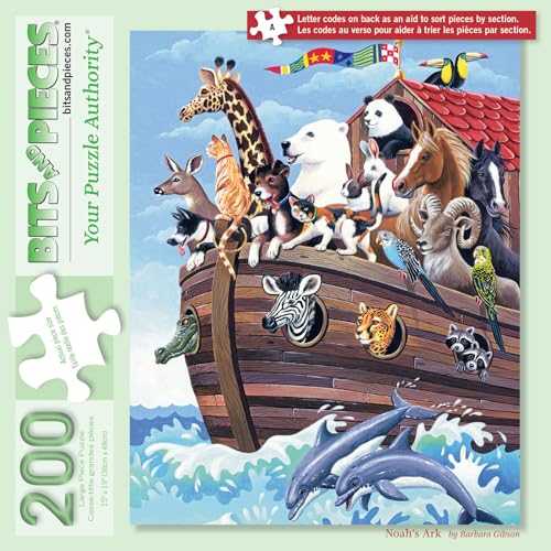 Bits and Pieces 200 Piece Jigsaw Puzzle for Adults Noahs Ark Biblical Animal Boat Zoo Jigsaw Puzzle by Barbara Gibson Completed Puzzle Size 15 x 19 - Image 1