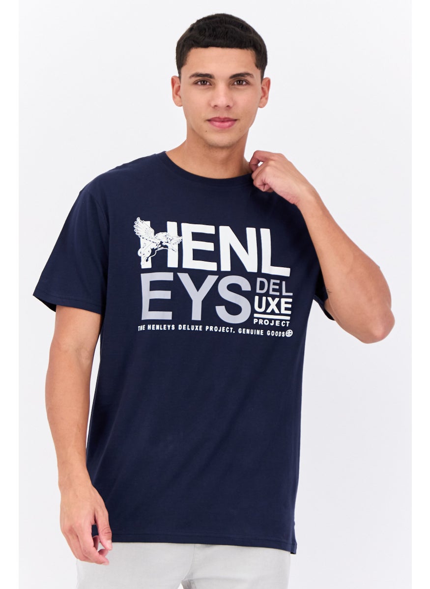 Henleys - Men Crew Neck Short Sleeves Graphic T-Shirt, Navy - Image 1
