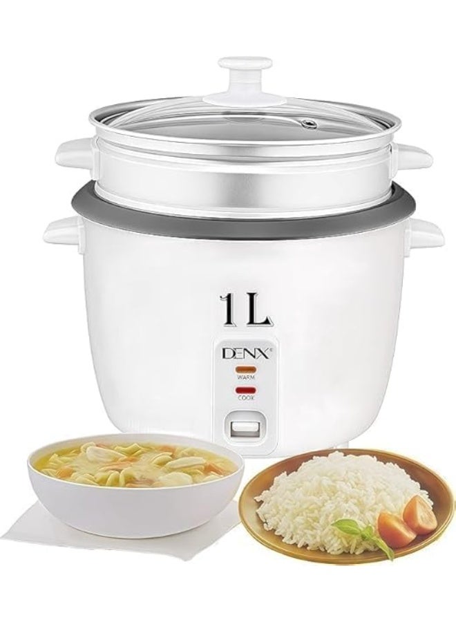 DENX DX2002 طباخة أرز ذكية وجهاز طهي بالبخار، سعة 1 لتر، قدرة 400 واط، قدر أرز بطلاء غير لاصق، مزود بخاصية الحفاظ التلقائي على السخونة، تصميم مدمج لطهي الأرز والخضروات والحبوب.