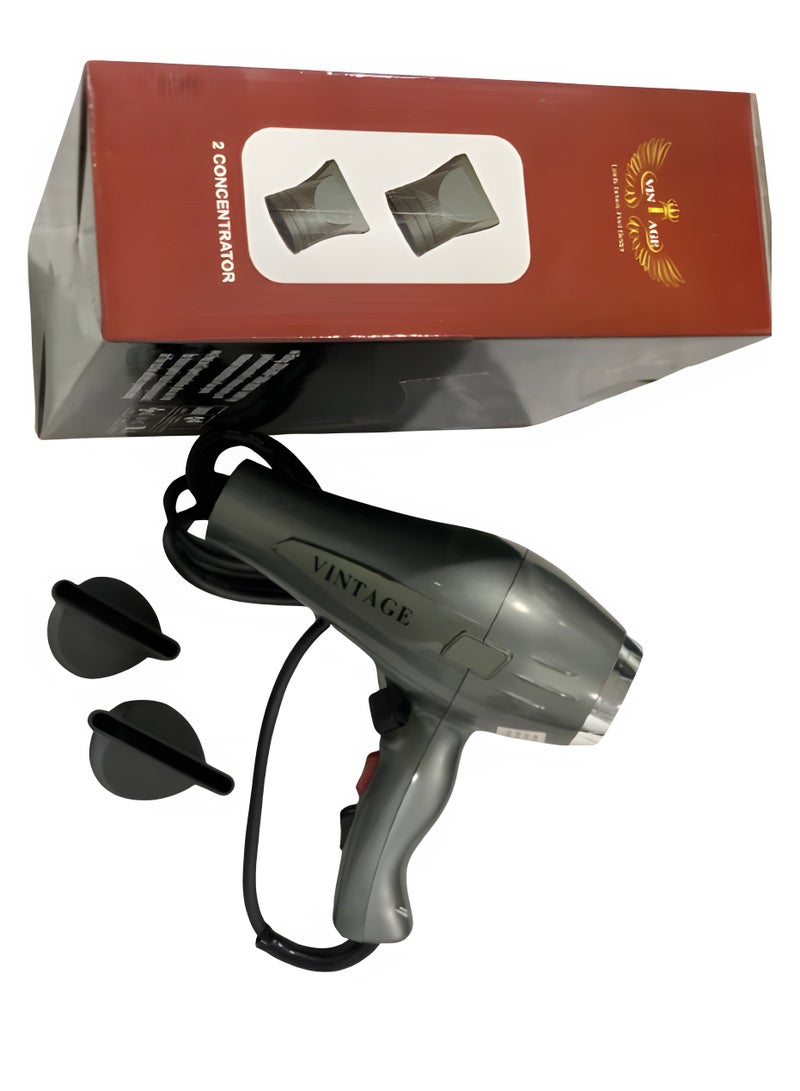 فينتاج مجفف شعر احترافي Vintage بقدرة 2400W مع تكنولوجيا الأيونات، 2 إعداد للحرارة والسرعة، وفوهات قابلة للفصل. - Image 2