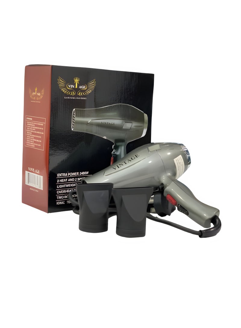 فينتاج مجفف شعر احترافي Vintage بقدرة 2400W مع تكنولوجيا الأيونات، 2 إعداد للحرارة والسرعة، وفوهات قابلة للفصل. - Image 4