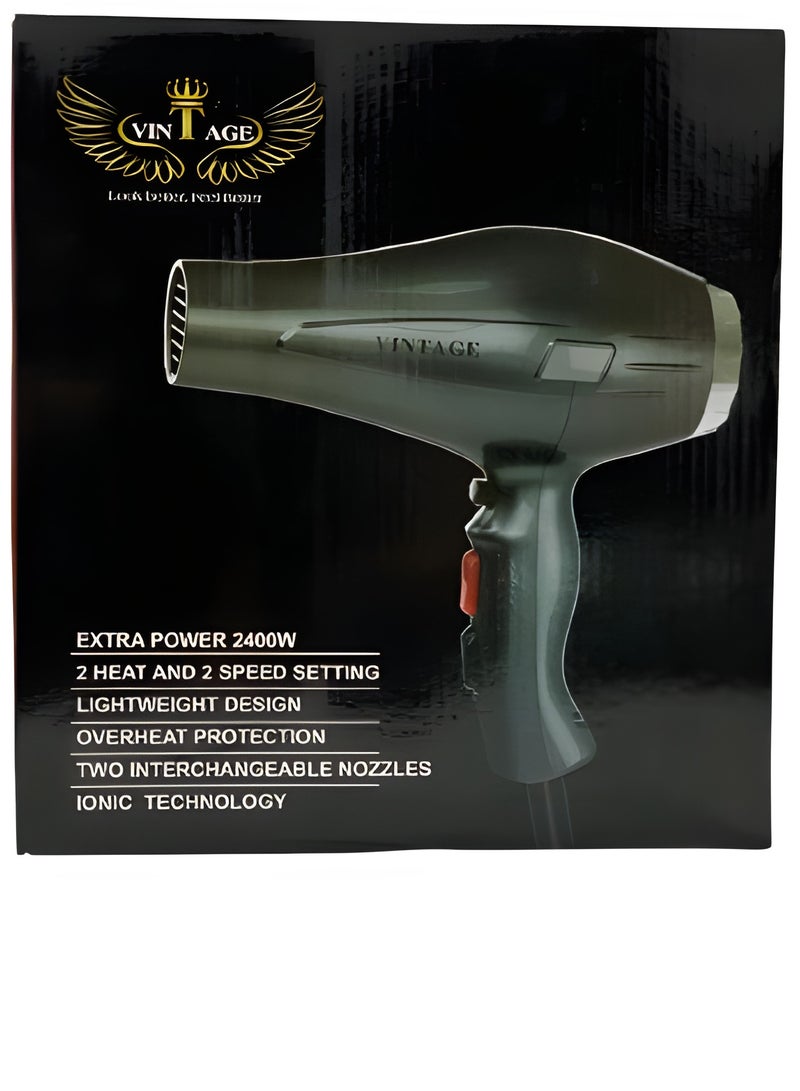 فينتاج مجفف شعر احترافي Vintage بقدرة 2400W مع تكنولوجيا الأيونات، 2 إعداد للحرارة والسرعة، وفوهات قابلة للفصل. - Image 5