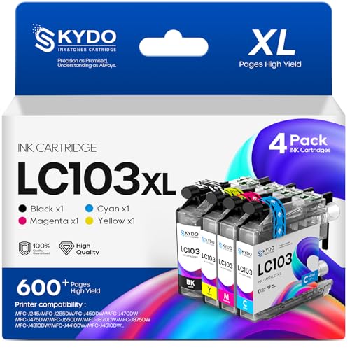Skydo LC103XL LC103 Color Ink Cartridge Compatible for Brother LC103 XL LC101 103 Work With Brother MFC-J870DW MFC-J4510DW MFC-J450DW MFC-J6920DW MFC-J650DW (1 Black, 1 Cyan, 1 Magenta, 1 Yellow | 4 Pack) - Image 1