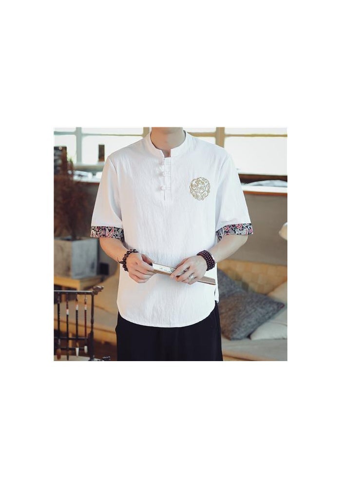 Chinese Style Men's Embroidered Linen Short-sleeved T-shirt Men's Vintage plus size Loose Half-sleeved Summer Cotton Linen Tang T-shirt - Image 1