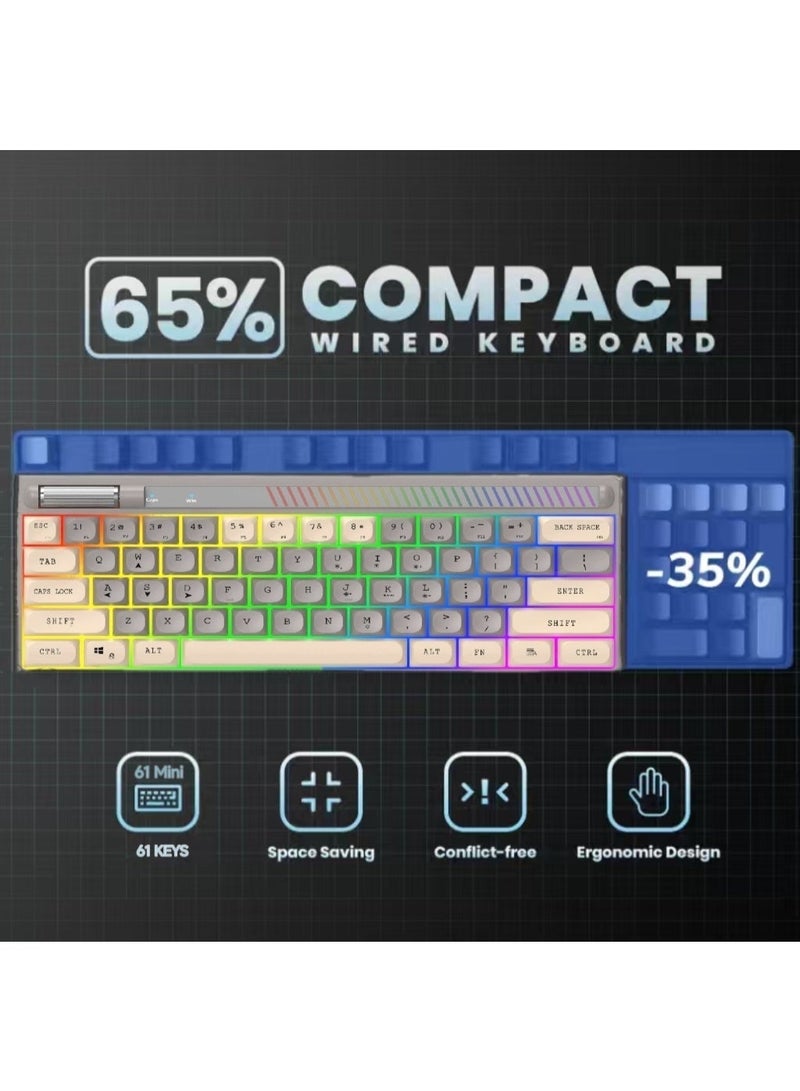لوحة مفاتيح ألعاب 65% مع إضاءة خلفية RGB، مضادة للظلال، لوحة مفاتيح غشائية للألعاب مدمجة مكونة من 61 مفتاحًا مع مقبض للتحكم في مستوى الصوت، لوحة مفاتيح سلكية لأجهزة الكمبيوتر المحمولة التي تعمل بنظام Windows Gamer - Image 5