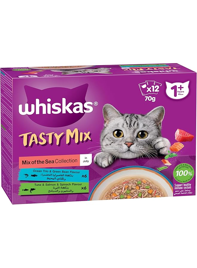ويسكاس تايستي مكس مزيج من مجموعة البحر في طعام القطط بالجيلي 12 × 70 جرام