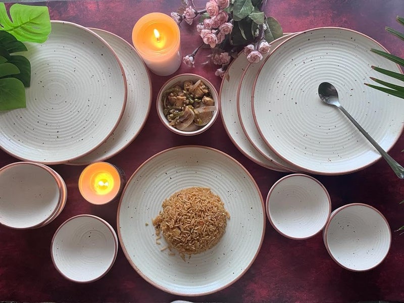 Crock Comforts Ceramic Handcrafted Stoneware Ribbed Cream Matte Dinner Set of 6 12 Pieces6 Bowls 6 PlatesSize 10 InchesDishwasher Microwave SafeCCW6B6 - Image 1