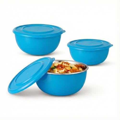 Zaib Microwave Safe Stainless Steel Mixing Bowl Set with Lids | Blue Euro Style Food Storage Containers for Kitchen | Pack of 3 (Classic Blue Plain) - Image 1