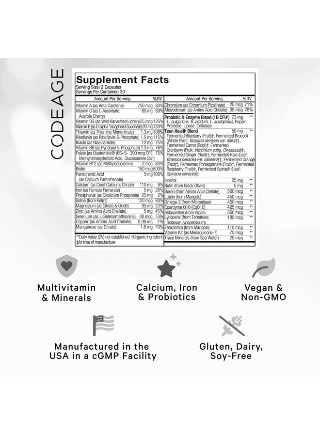 Codeage Teen Multivitamin Supplement - Daily Vitamins and Minerals for Teen Boys and Girls - Organic Whole Food Formula with Omega-3 and Vitamins A to K - 60 Capsules - Image 2