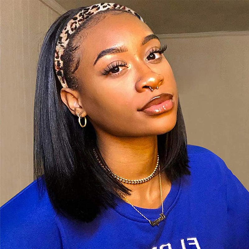 AISI Bob Headband Wig Human Hair Short Straight Headband Wigs Remy Hair Easy Wear and Go Glueless Wigs Bob Headband Wigs for Women Black Color150 Density 12Inch
