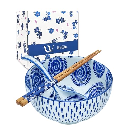 KeQiu Japanese 28 Oz Ceramic Ramen Noodle Soup Cereal Pho Rice Salad Bowl Set with Chopsticks and Spoons, Premium Gift Set for House Warming, Birthday, Holiday, Microwave Safe, Dishwasher Safe - Image 1