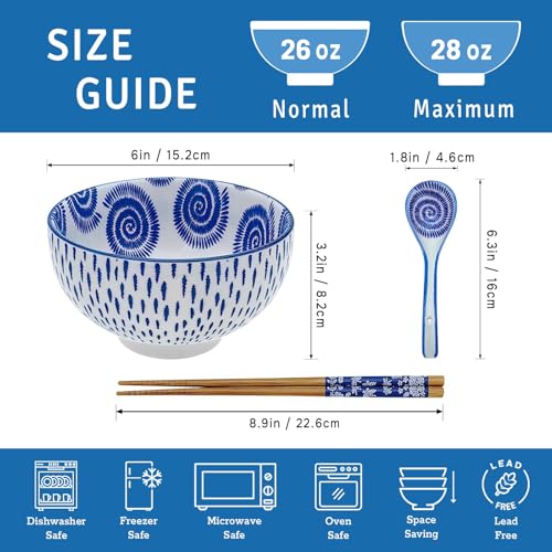 KeQiu Japanese 28 Oz Ceramic Ramen Noodle Soup Cereal Pho Rice Salad Bowl Set with Chopsticks and Spoons, Premium Gift Set for House Warming, Birthday, Holiday, Microwave Safe, Dishwasher Safe - Image 2