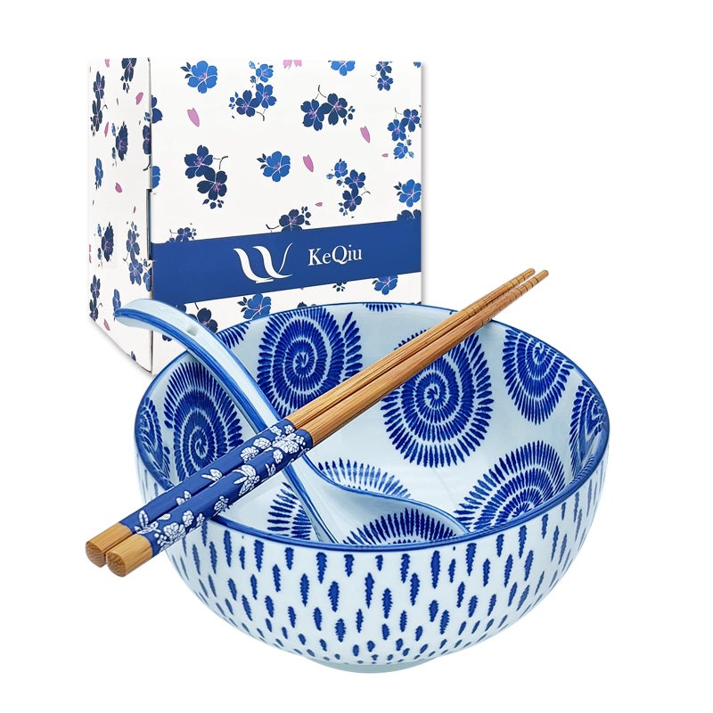 KeQiu Japanese 28 Oz Ceramic Ramen Noodle Soup Cereal Pho Rice Salad Bowl Set with Chopsticks and Spoons, Premium Gift Set for House Warming, Birthday, Holiday, Microwave Safe, Dishwasher Safe - Image 4