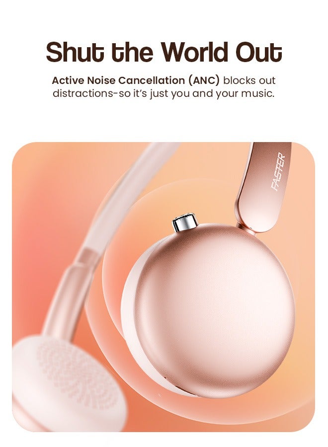 Faster S7 Soluna Wireless Headphones- 5.4 Bluetooth Headset 30H Playtime ANC OverEar Headphones- LED Indicator Light Voice Assistant Calls Game & Music Type-C Fast Charging Lightweight IOS & Android- Wireless Headset Deep Bass Premium Finish Soft Leather Earpads - Orange - Image 2