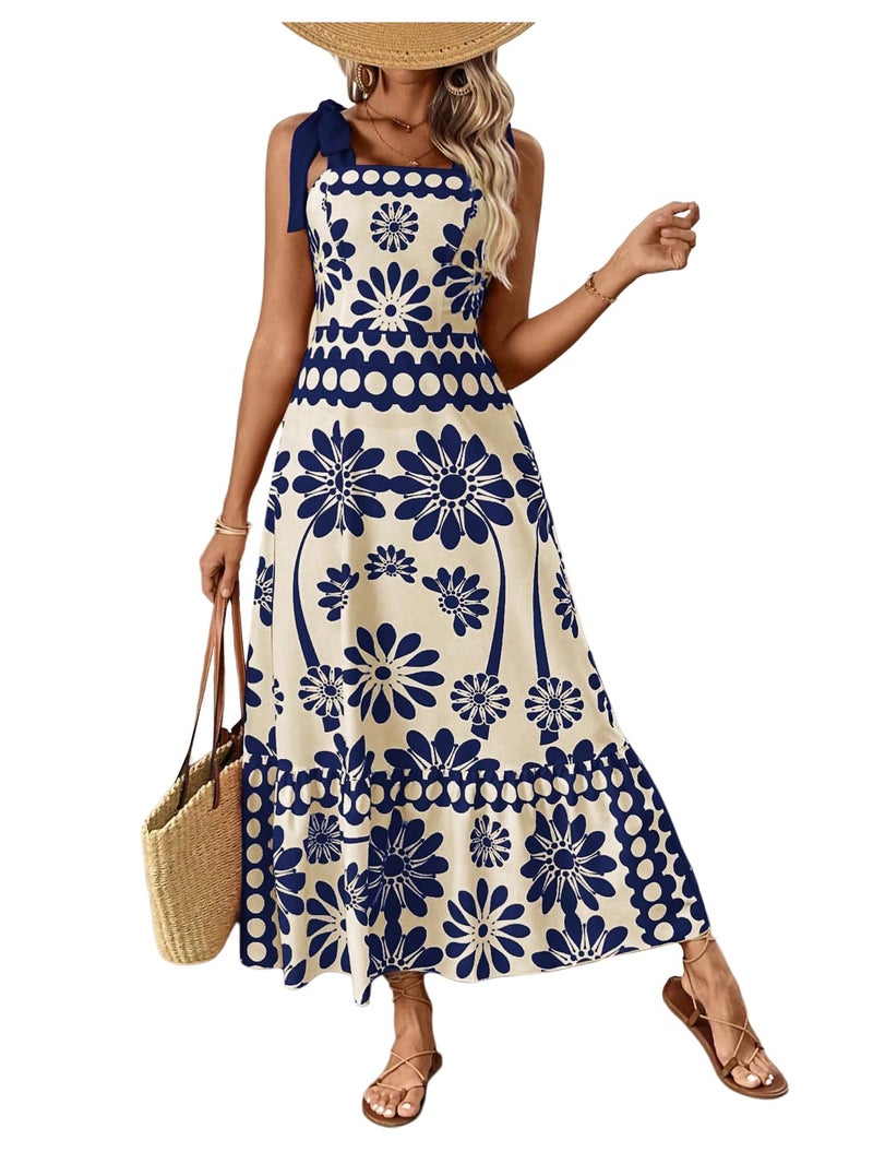 Floerns Women's Vintage Sleeveless Tie Shoulder Sundress Floral Print Cami Maxi Dress Blue Large - Image 1