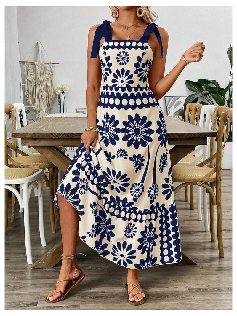 Floerns Women's Vintage Sleeveless Tie Shoulder Sundress Floral Print Cami Maxi Dress Blue Large - Image 4