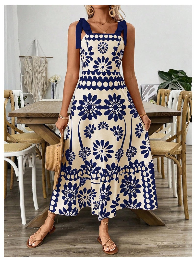 Floerns Women's Vintage Sleeveless Tie Shoulder Sundress Floral Print Cami Maxi Dress Blue Large - Image 5