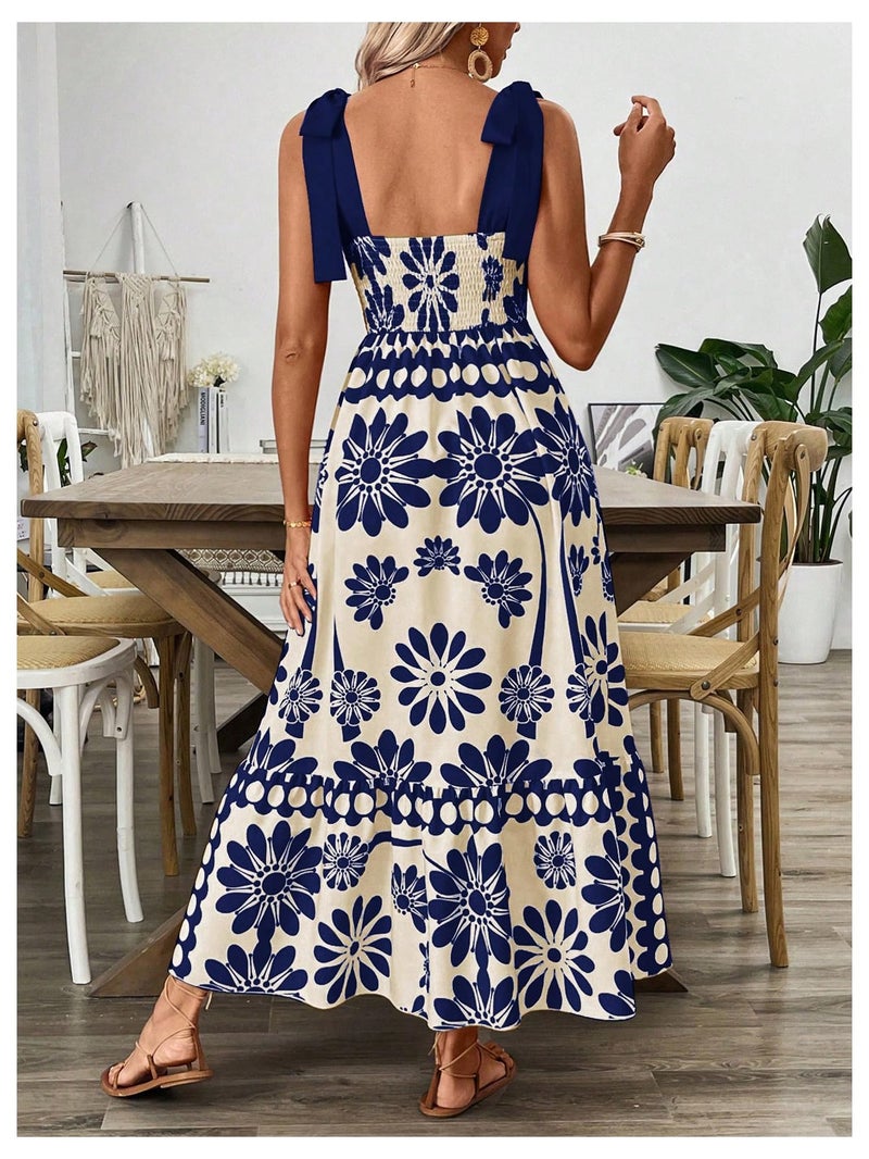 Floerns Women's Vintage Sleeveless Tie Shoulder Sundress Floral Print Cami Maxi Dress Blue Large - Image 2