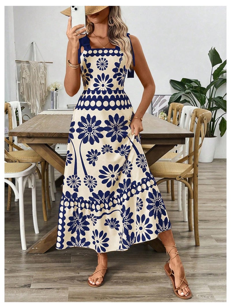 Floerns Women's Vintage Sleeveless Tie Shoulder Sundress Floral Print Cami Maxi Dress Blue Large - Image 3
