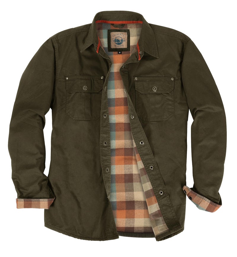 Gioberti Men's 100% Cotton Brushed and Soft Twill Shirt Jacket with Flannel Lining, Olive, 2XL - Image 1