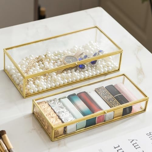 Kendiis Glass Jewelry Box Set, 2pcs Vintage Rectangle Gold Keepsake Boxes Lipstick Organizer Box Vanity Lidded Box Home Decor Accent Decorative Box for Storage Trinket Rings Bracelet1 - Image 1