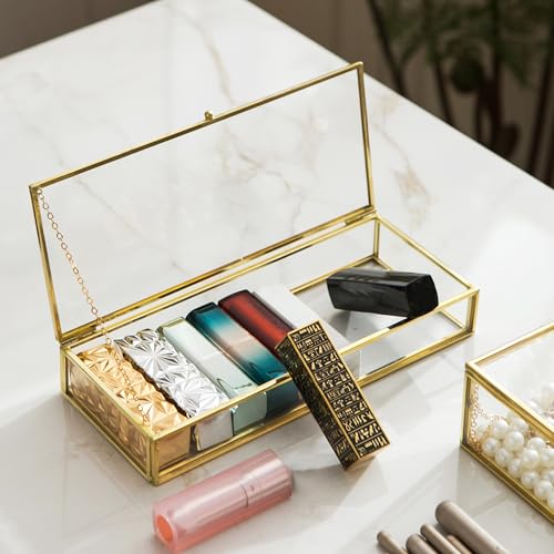 Kendiis Glass Jewelry Box Set, 2pcs Vintage Rectangle Gold Keepsake Boxes Lipstick Organizer Box Vanity Lidded Box Home Decor Accent Decorative Box for Storage Trinket Rings Bracelet1 - Image 3