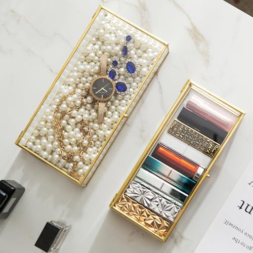 Kendiis Glass Jewelry Box Set, 2pcs Vintage Rectangle Gold Keepsake Boxes Lipstick Organizer Box Vanity Lidded Box Home Decor Accent Decorative Box for Storage Trinket Rings Bracelet1 - Image 4