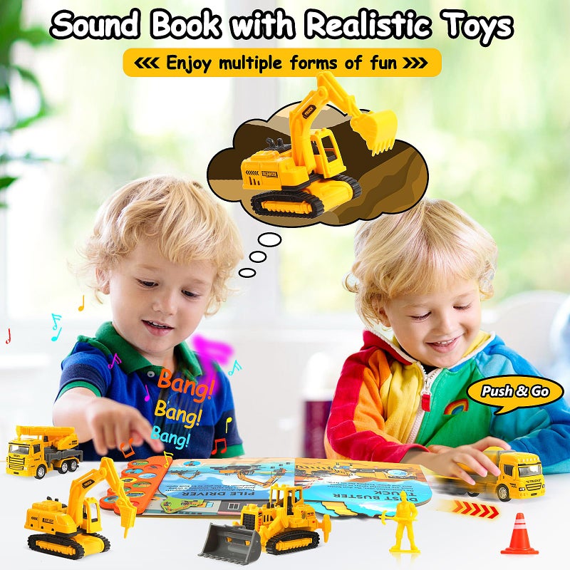 iGRATENS Construction Toys with Sound Books - Dig It! Dump It! Build It! Construction Board Book with 10 Buttons & 20 PCS Toys for 3+ Year Old, Great for Little Alloy Truck Lovers Kids - Image 5