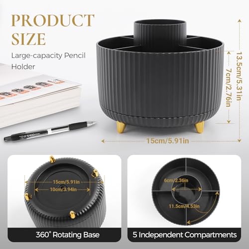 KONVINIT Pencil Pen Holder for Desk, 5 Slots 360 - Degree Rotating Desktop Organizer, Cute Desk Organizers and Accessories for School, Home, Office and Art Supply, Black - Image 2