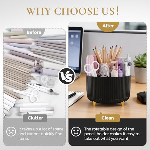 KONVINIT Pencil Pen Holder for Desk, 5 Slots 360 - Degree Rotating Desktop Organizer, Cute Desk Organizers and Accessories for School, Home, Office and Art Supply, Black - Image 3