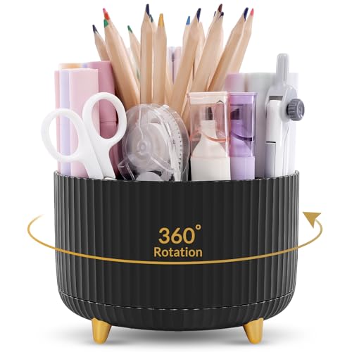 KONVINIT Pencil Pen Holder for Desk, 5 Slots 360 - Degree Rotating Desktop Organizer, Cute Desk Organizers and Accessories for School, Home, Office and Art Supply, Black - Image 1