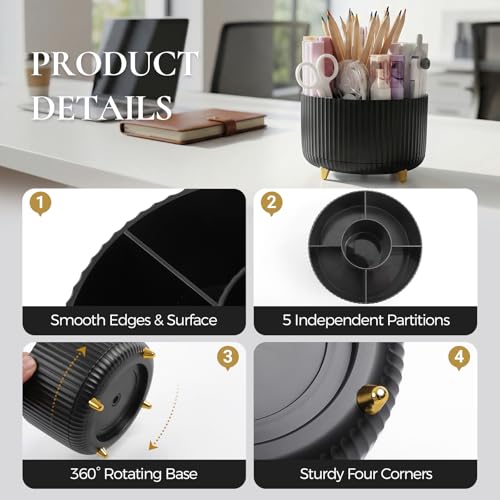KONVINIT Pencil Pen Holder for Desk, 5 Slots 360 - Degree Rotating Desktop Organizer, Cute Desk Organizers and Accessories for School, Home, Office and Art Supply, Black - Image 4