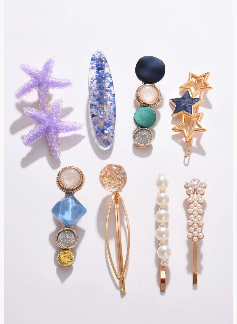 SOHI Pack of 7 Gold Plated Designer Stone Pearl Hair Pin