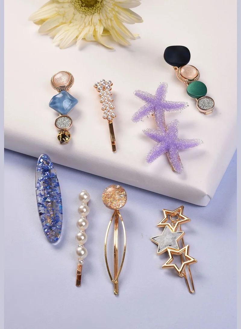 SOHI Pack of 7 Gold Plated Designer Stone Pearl Hair Pin