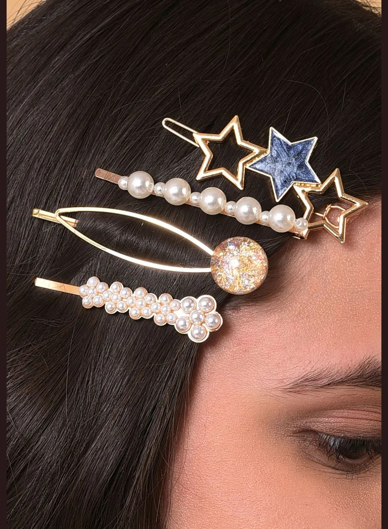 SOHI Pack of 7 Gold Plated Designer Stone Pearl Hair Pin