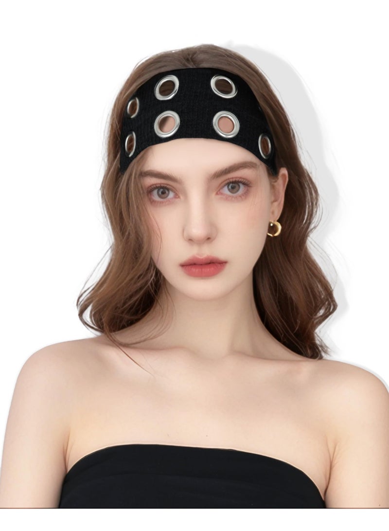 20cm Hollow Eyelet Hairband, Black Elastic Wide Grommet Headband, Punk Grunge Fashion Hair Band for Ladies Daily Party - Image 1