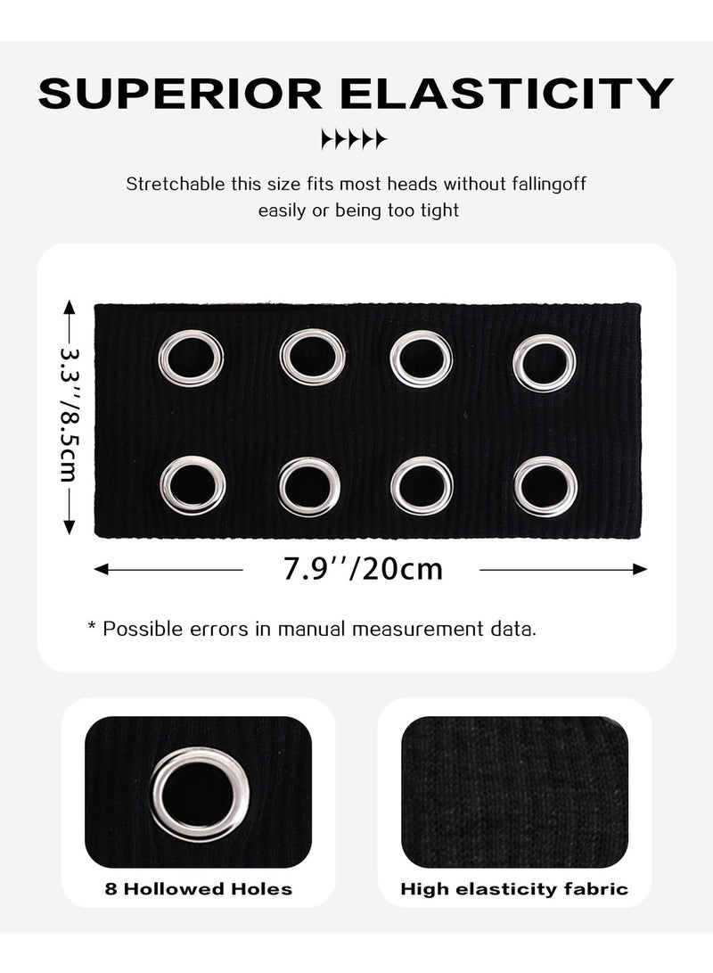 20cm Hollow Eyelet Hairband, Black Elastic Wide Grommet Headband, Punk Grunge Fashion Hair Band for Ladies Daily Party - Image 2